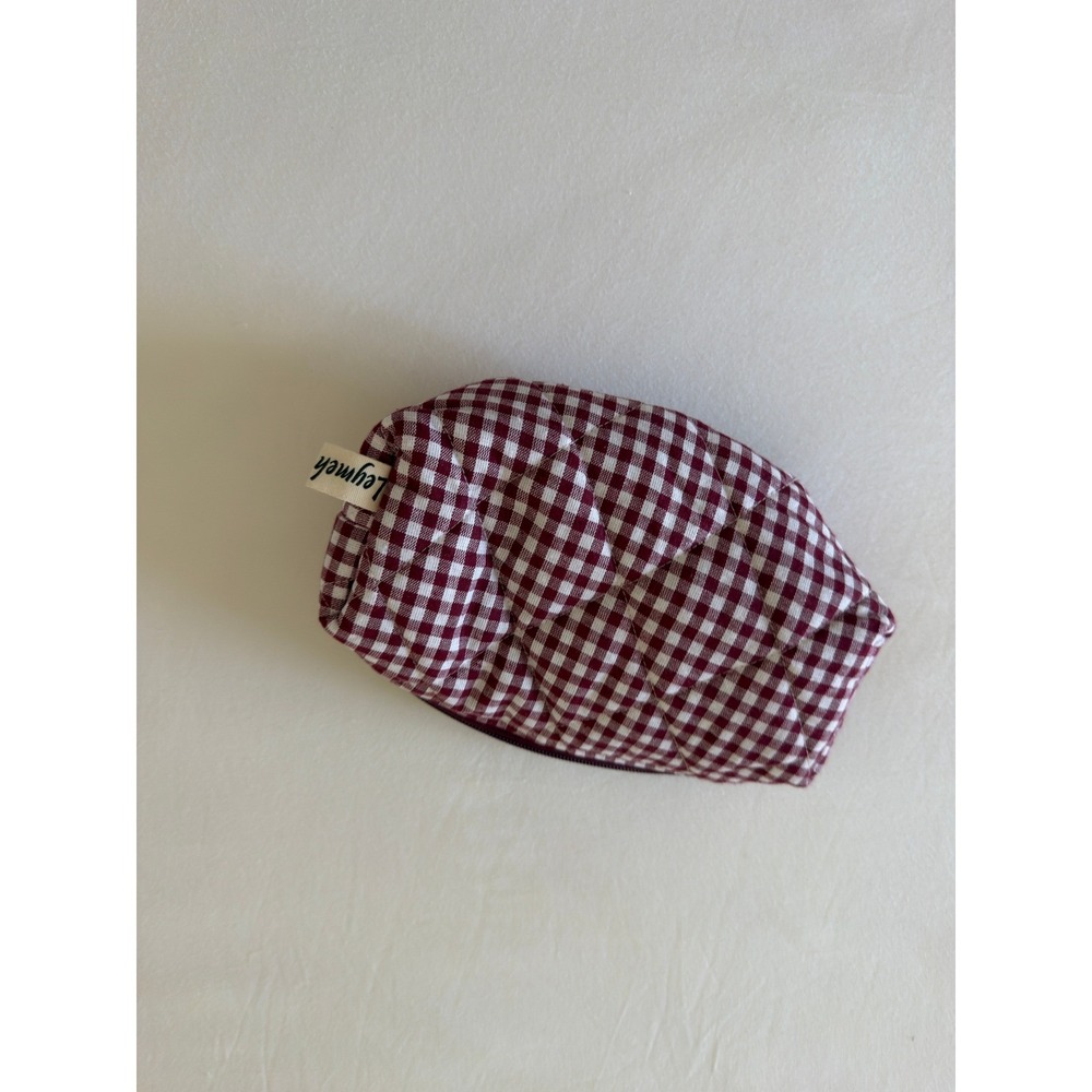 Handmade Burgundy Gingham Quilted Makeup Bag Leymeh Small Zipper Pouch Padded